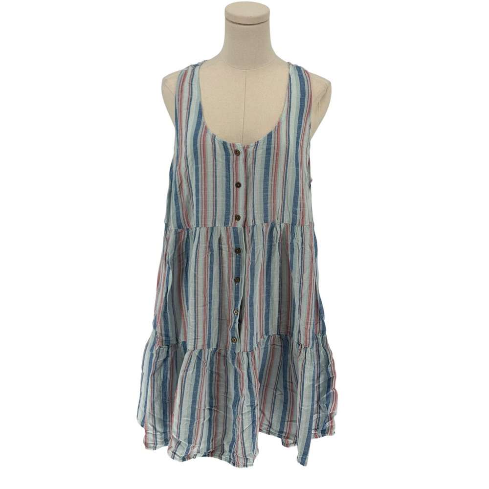 True Craft Babydoll Dress Blue Red Vertical Stripe Tiered Button Front 0X